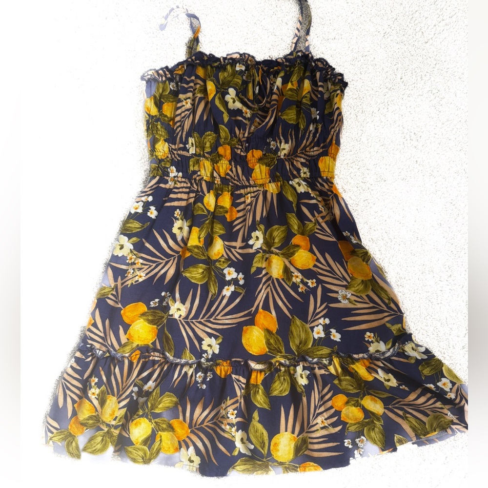 Floral lemon vacation dress Navy and Yellow lemons Positano white small linen